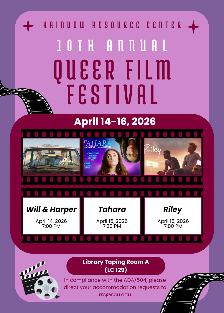 A flyer with three film screenings: Will & Harper at 7pm on April 14; Tahara at 7:30pm on April 15; and Riley at 7pm on April 16—all showing in Library Taping Room A (LC 129).