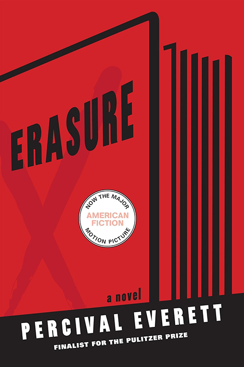 Book cover of Erasure by Percival Everett. Red background with black line art of a book at 3/4 angle with the edges of pages visible.