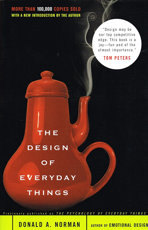 Book cover of Design of Everyday Things by Donald Norman. Image of illustrated red teapot with black background.