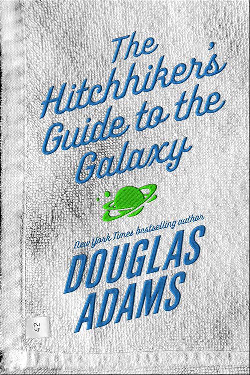 Cover of Hitchhikers Guide to the Galaxy by Douglas Adams, with a towel cloth background and blue font