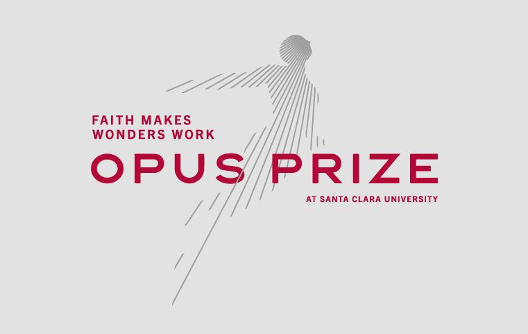 Logo of SCU's Opus Prize activities, with red Faith Makes Wonders Work and a linear depiction of a rising body