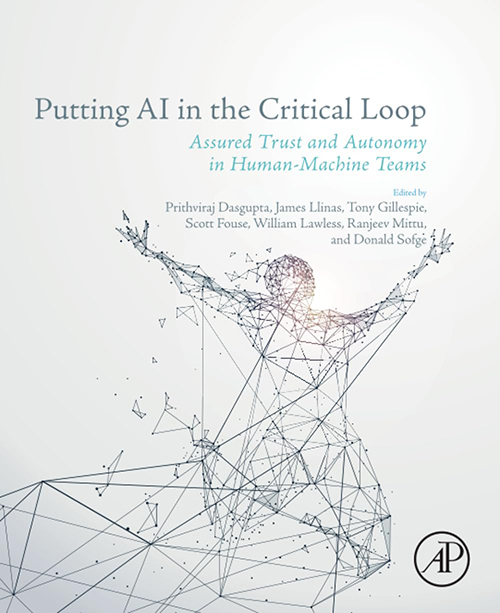 Book cover of Putting AI in the Critical Loop. Image of black line art on white background, geometric human emerging from larger shape with its arms spread upward.