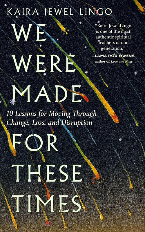Book cover of We Were Made For These Times by Kaira Jewel Lingo. Image is illustration of shooting stars or meteors falling over black background.