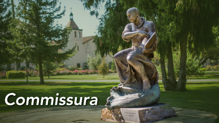 A statue of St. Ignatius of Loyola in contemplation with Santa Clara University in the background. Text in the bottom left reads