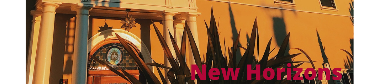 A cozy room with plants and the text New Horizons.