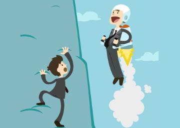 Illustration of a businessperson climbing and another using a jetpack labeled Vertical Integration.