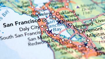 Map of the Bay Area in Northern California highlighting cities and regions.