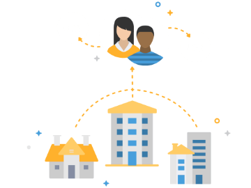 Illustration of people above residential, office, and industrial buildings connected by arrows.
