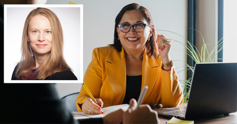 Leavey Professer Jennifer Woolley headshot over a picture of a female business professional