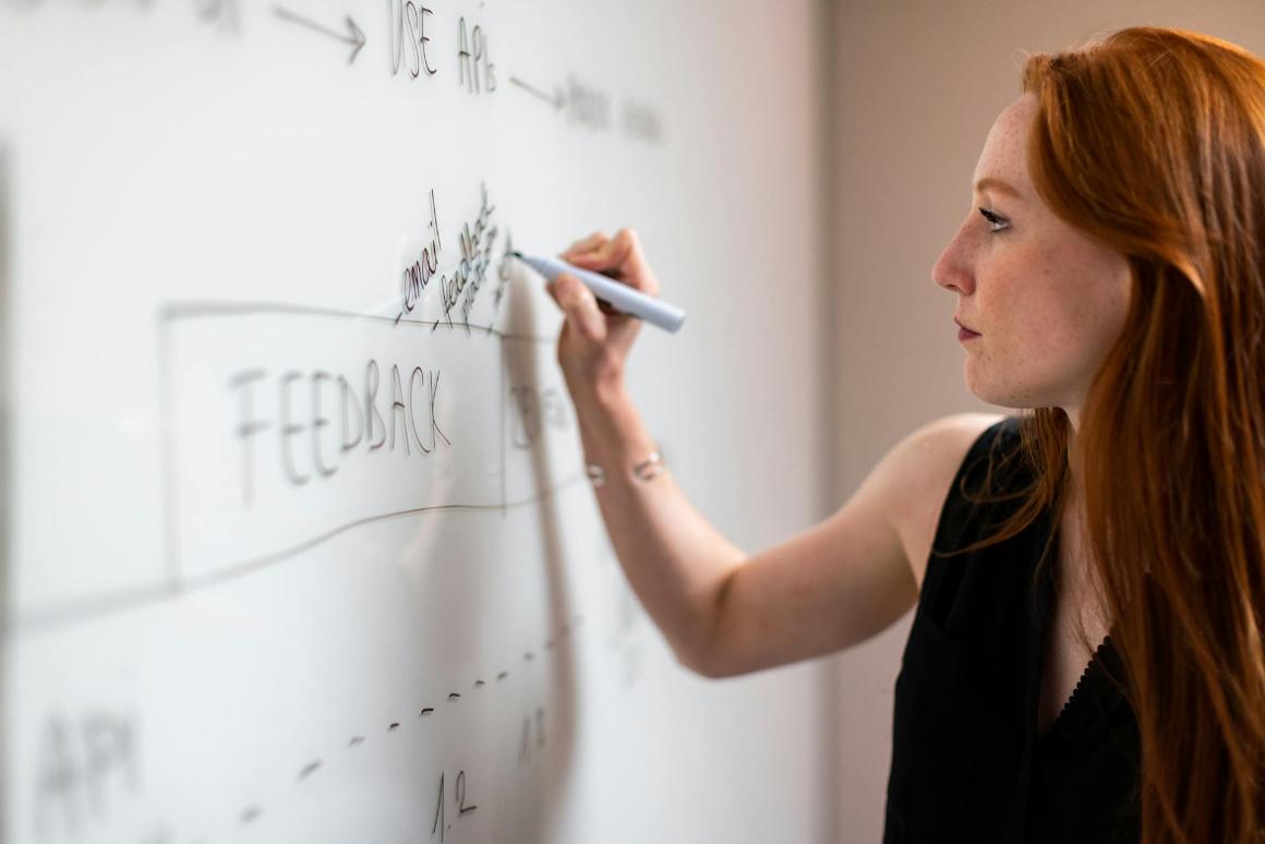 Business professional writing on whiteboard