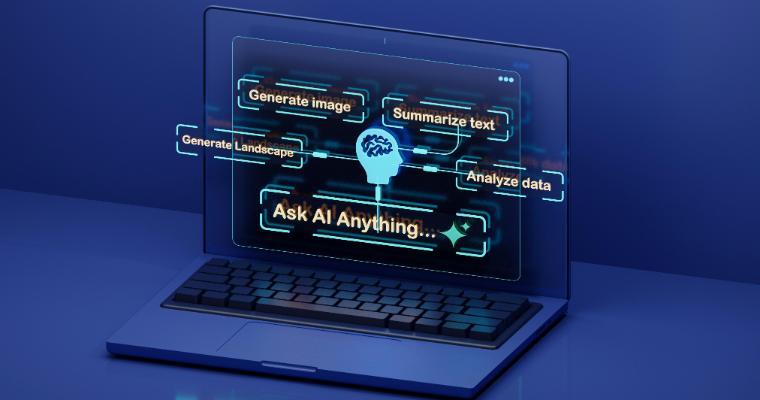 A laptop displays a holographic interface with phrases like Generate image and Summarize text image link to article