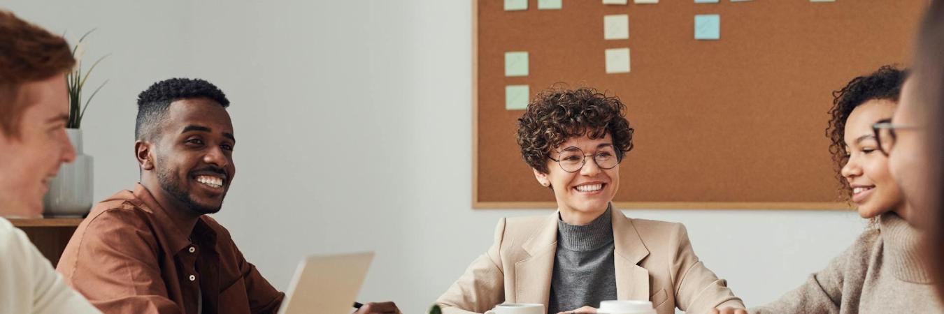 Fulfilled business professionals collaborating in a conference room