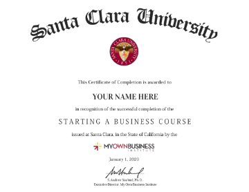 Santa Clara University graduate certificate awarded to a person in Business Administration.