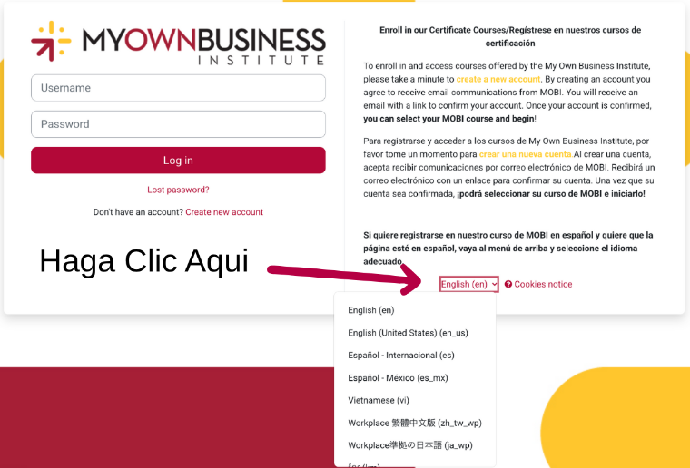 Captura de pantalla de la ventana Crear una cuenta que muestra la selección de idioma.
