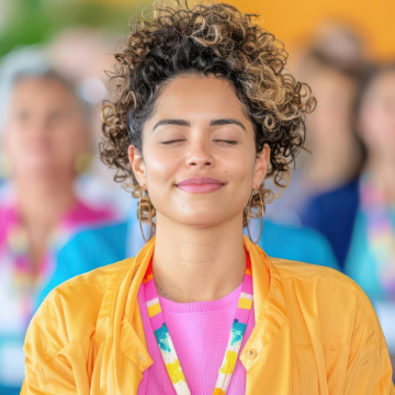 Black woman sitting cross-legged with her eyes closed. She is wearing bright colors and other seated people are in the blurred background.