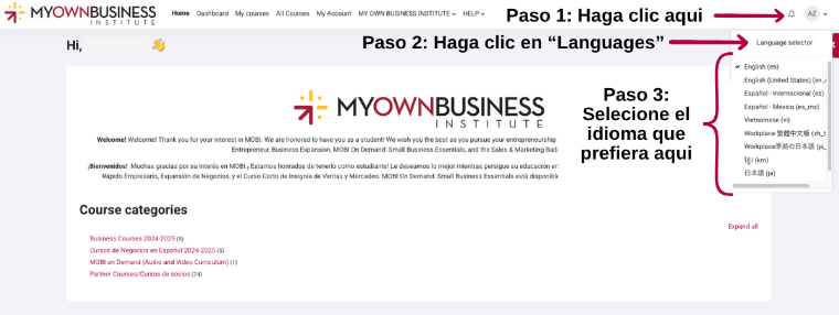 Captura de pantalla que muestra cómo elegir un idioma en su perfil de MOBI