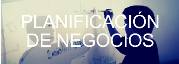 PLANIFICACIÓN DE NEGOCIOS text overlaying two people at a whiteboard.