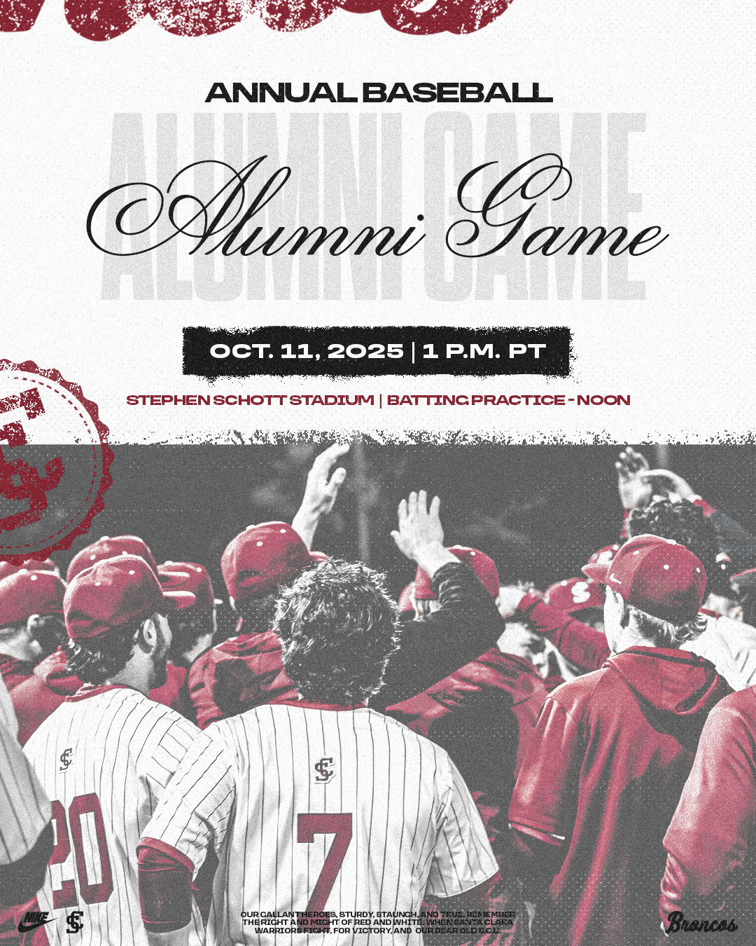 A black, white, and red photo of Santa Clara baseball players celebrating with faded stamps of the Santa Clara Athletics logo. The text reads Annual Baseball Alumni Game | Oct. 11, 2025 | 1 p.m. PT | Stephen Schott Stadium | Batting Practice - Noon