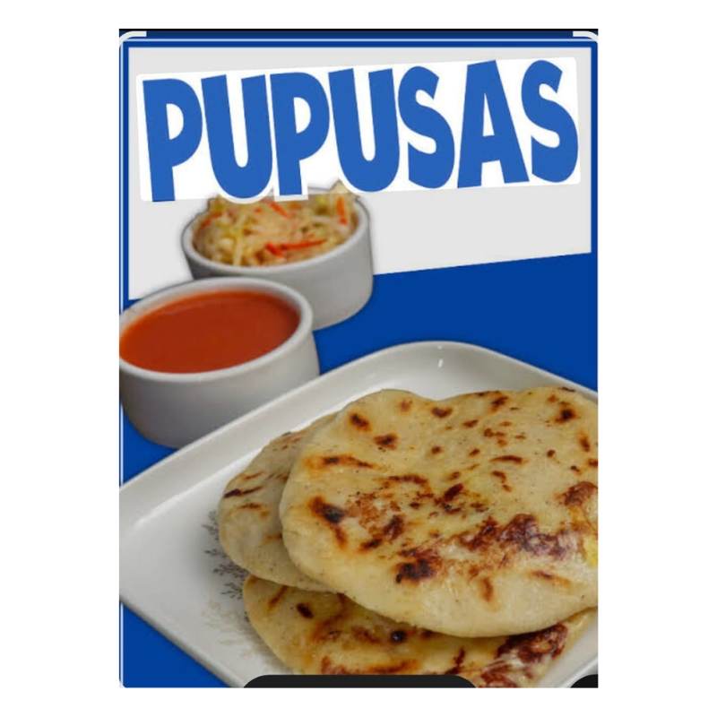 A photo of pupusas next to sauce containers. The word Pupusas sits at the top in blocky blue letters. 