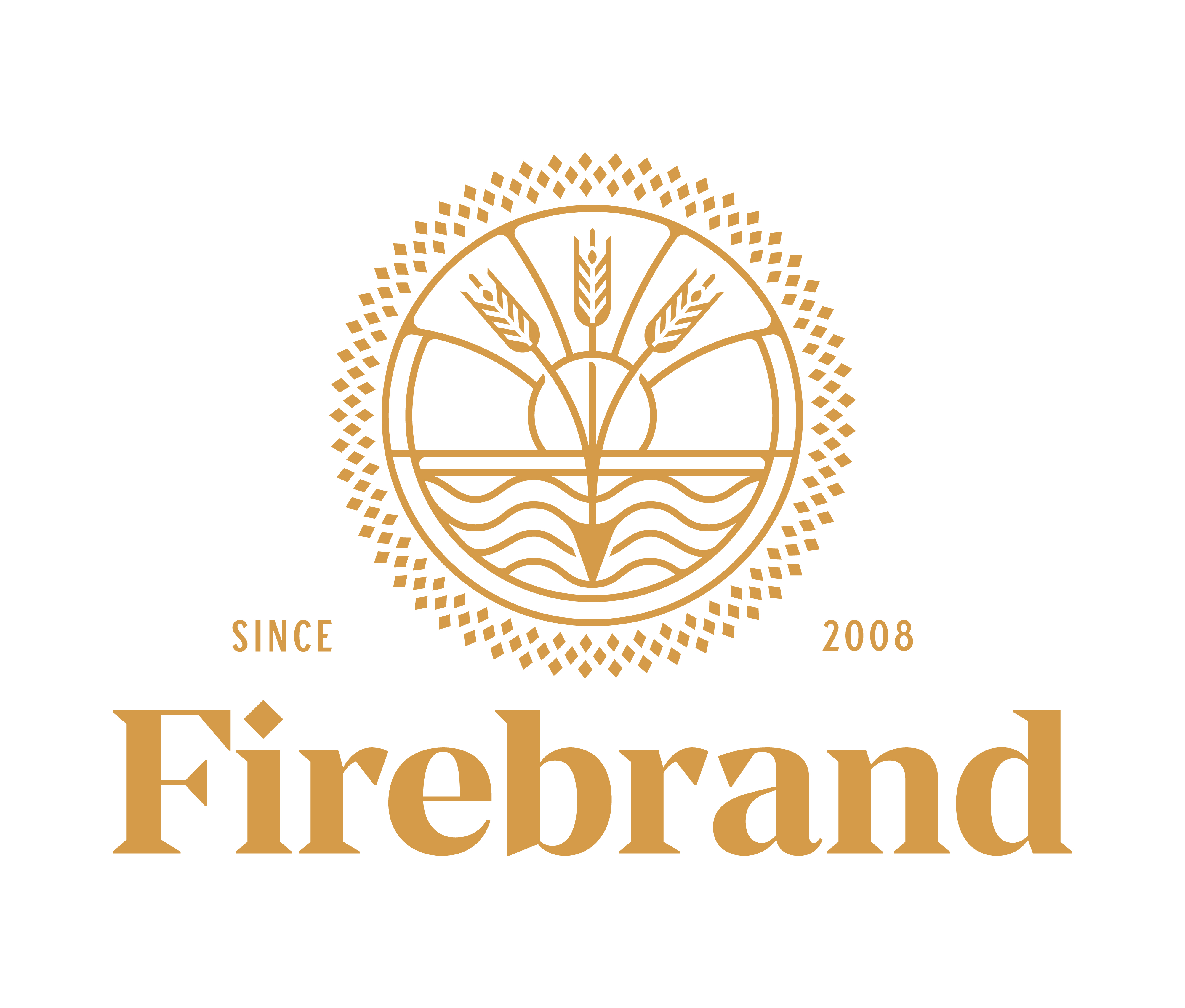 A circular logo contains three grains stemming from the same root. The sun rises in the background. Beneath are the words Firebrand | Since 2008 