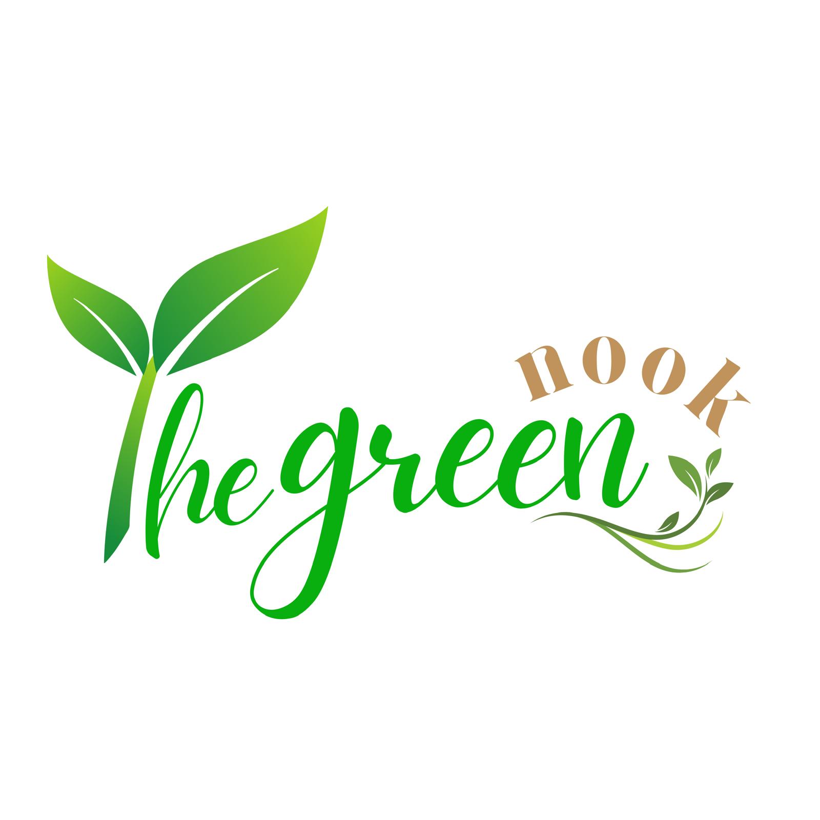 A logo with the words: The Green Nook. The T in the forms a sprout of a plant. 