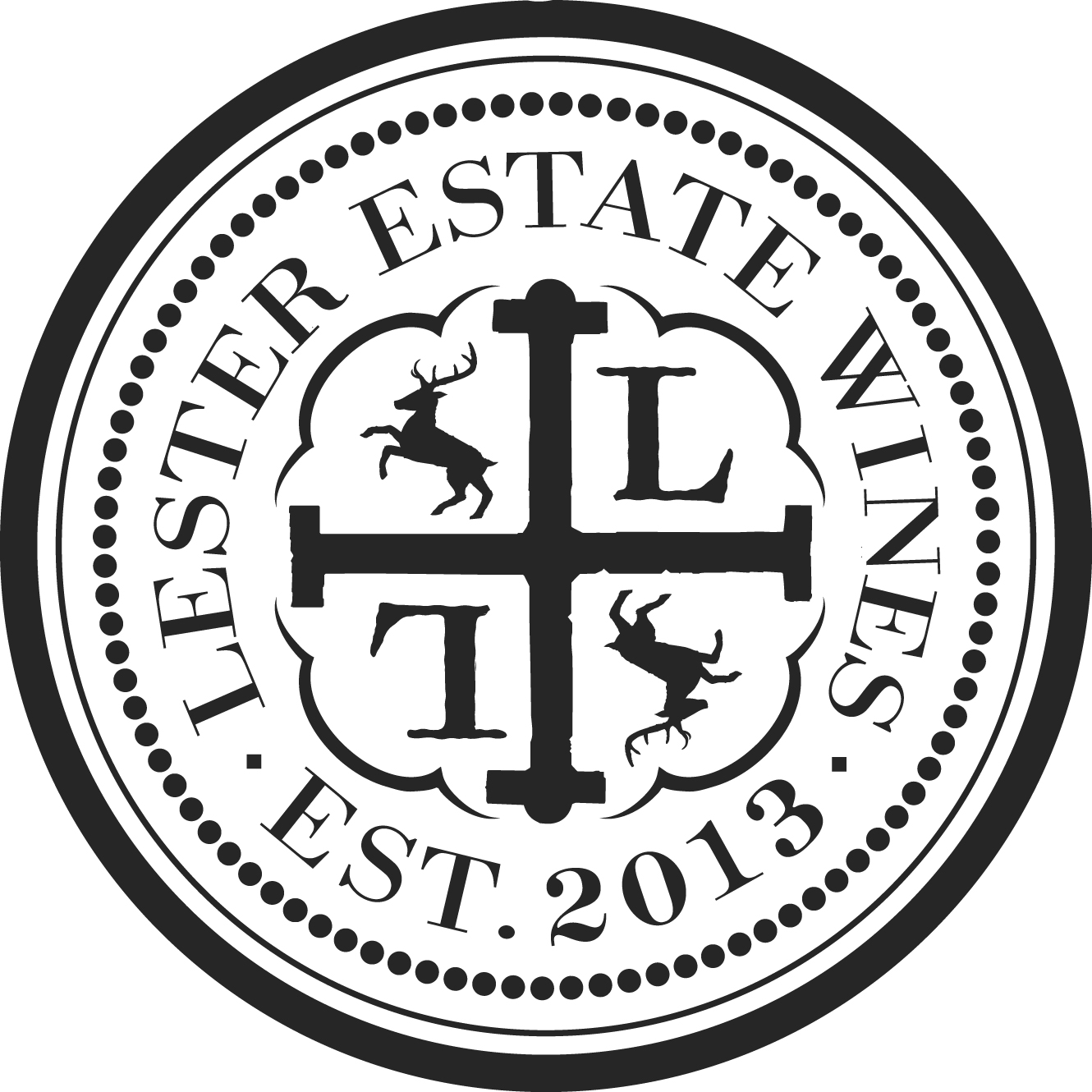 A circular logo says Lester Estate Wines | Est. 2013 around a cross with a stag in the upper left quadrant, an L in the upper right, an upside down stag in the lower right quadrant, and upside down L in the lower left quadrant. 