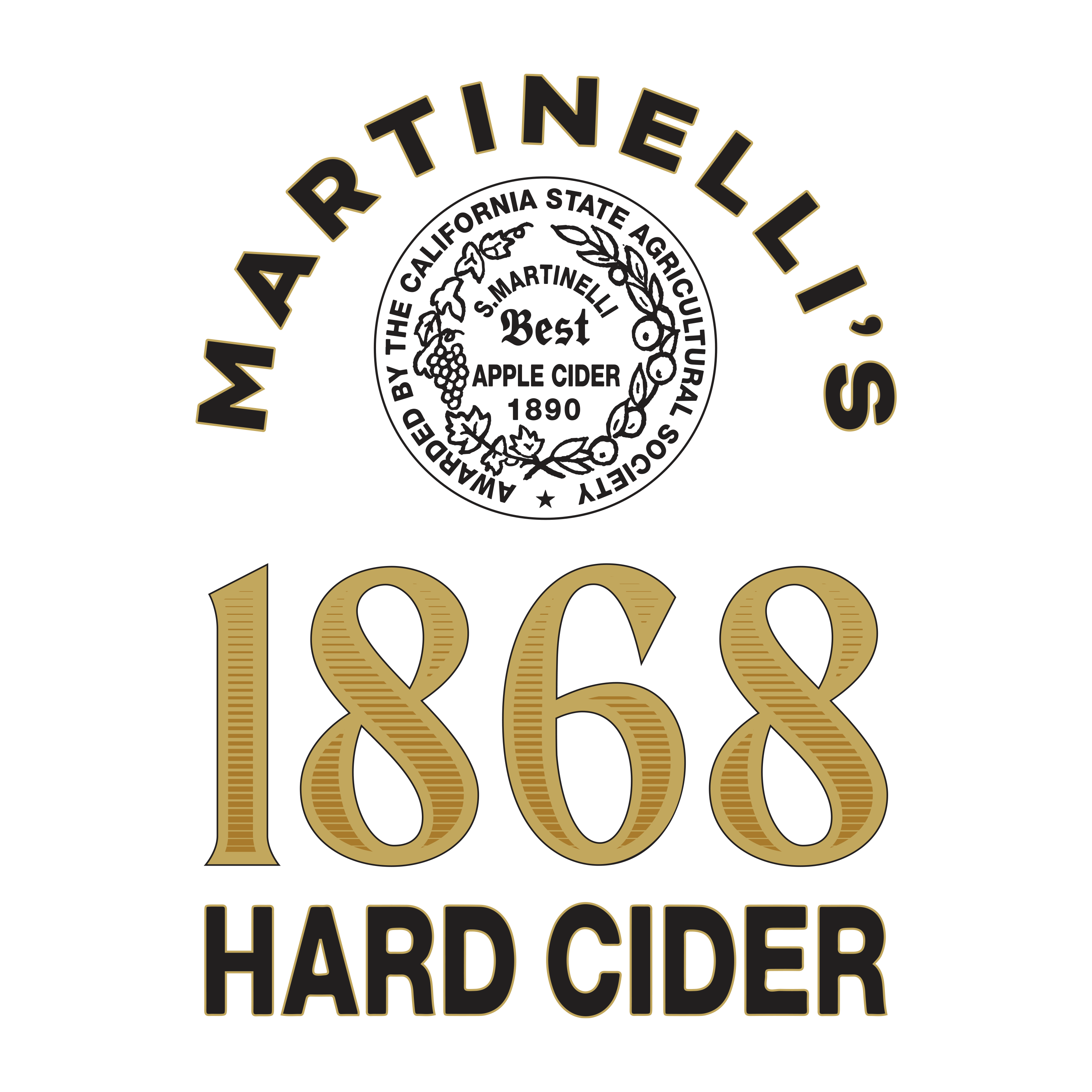 The word Martinelli's curves above a seal that reads: Awarded by the California State Agricultural Society -- S. Martinelli Best Apple Cider 1890. Below the seal, the year 1868 is bold and gold above the words Hard Cider 