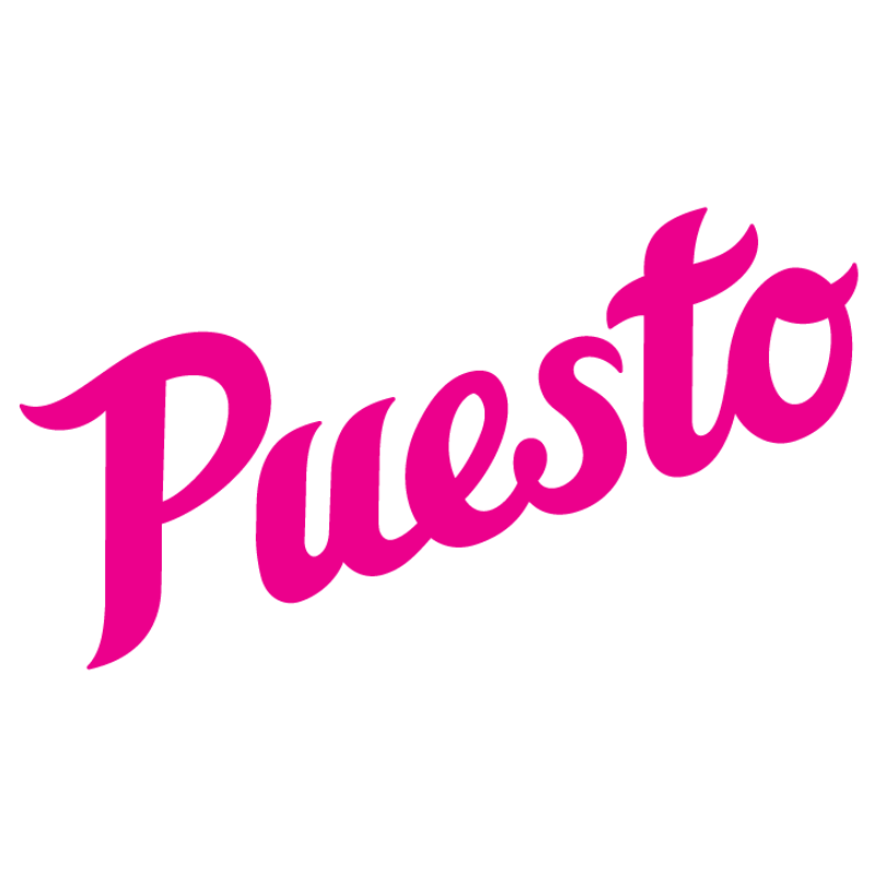 The word Puesto is slanted in hot pink cursive letters 