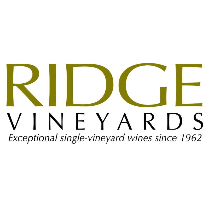 The words Ridge Vineyards sit above the words Exceptional single-vineyards wines since 1962 -- The word Ridge is in gold and prominently displayed at the top of the logo. 