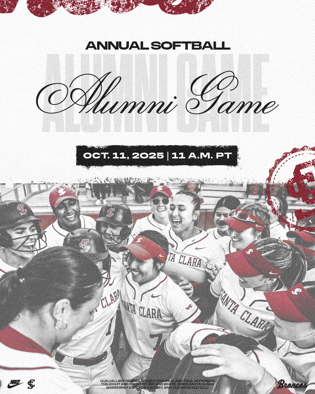 The words Annual Softball Alumni Game | Oct. 11, 2025 | 11 a.m. P.T. above a photo of women's softball players in a celebratory huddle.