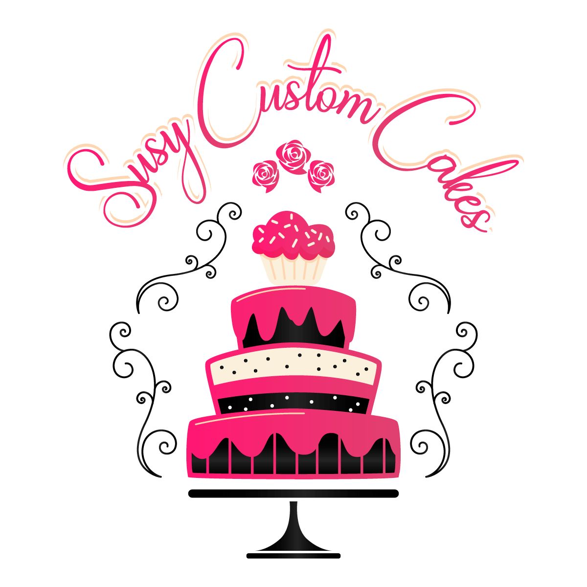 The words Susy Custom Cakes are in pink cursive and curve around a pink and black three-tiered cake sitting atop a cake stand. A cupcake with pink frosting and white sprinkles serves as the cake topper. Decorative swirls and three pink roses surround the cake's outline. 