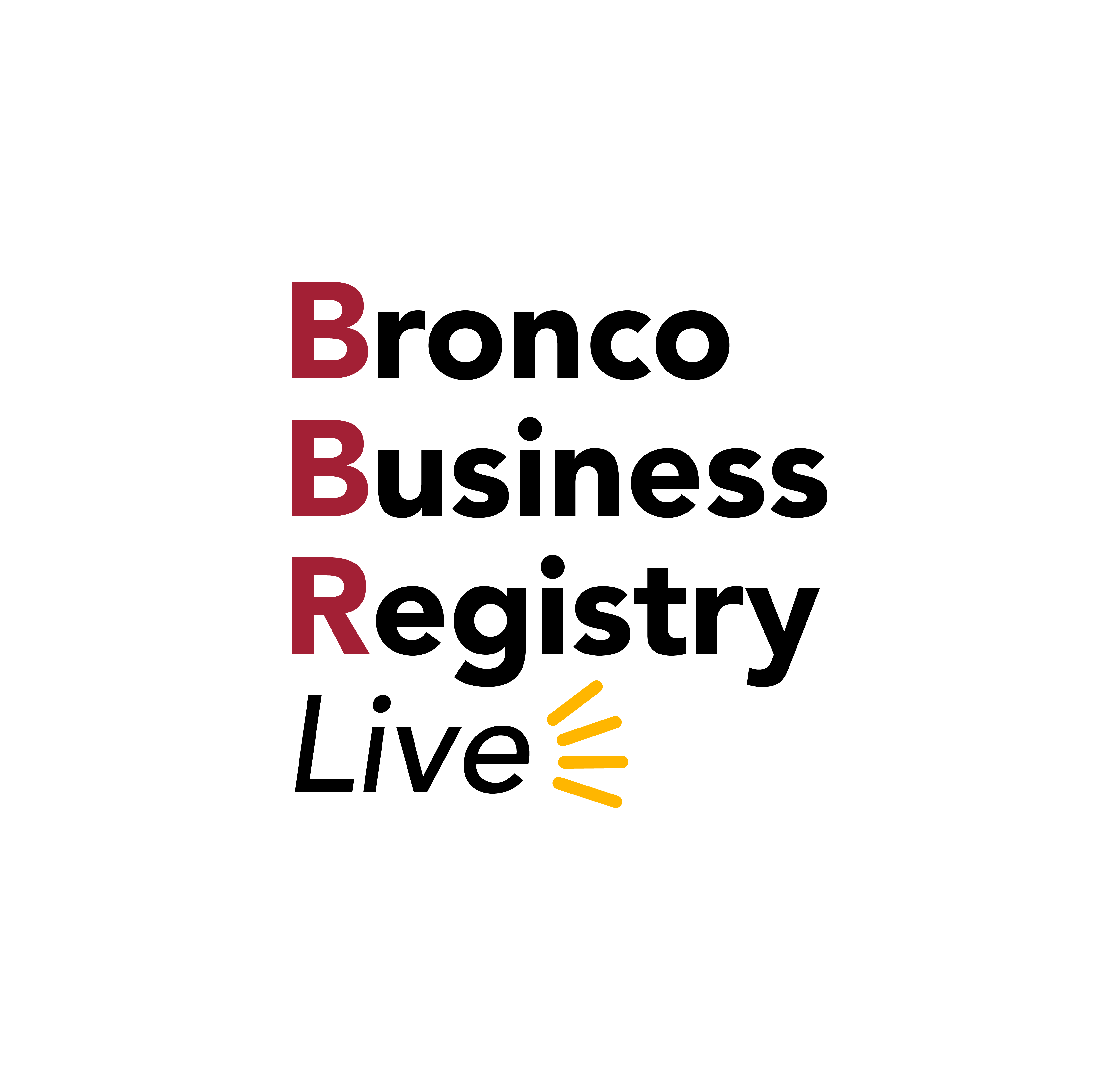 The words Bronco Business Registry Live -- the B, B, and R are bold and in red.