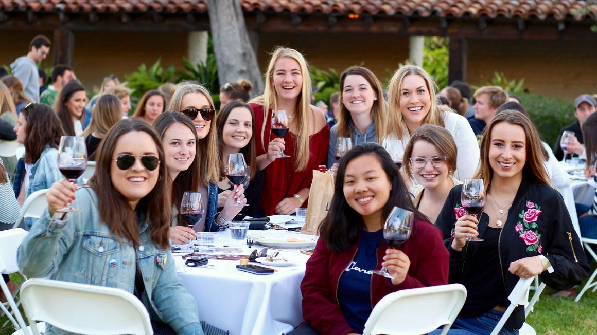 A large group of young women sitting around a table, holding wine glasses up