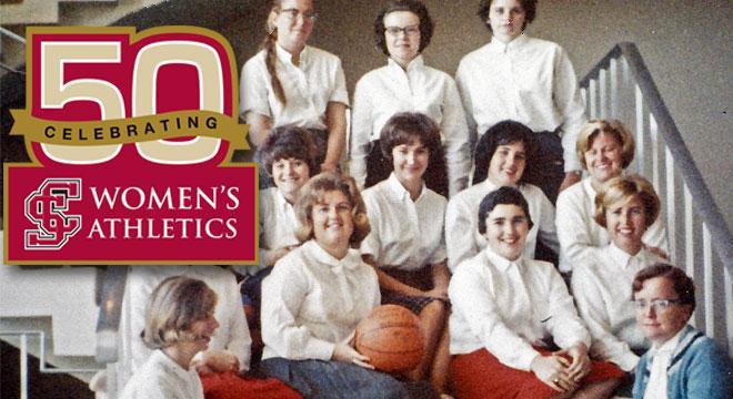Group of women celebrating 50 years of women's athletics. -  Link to file