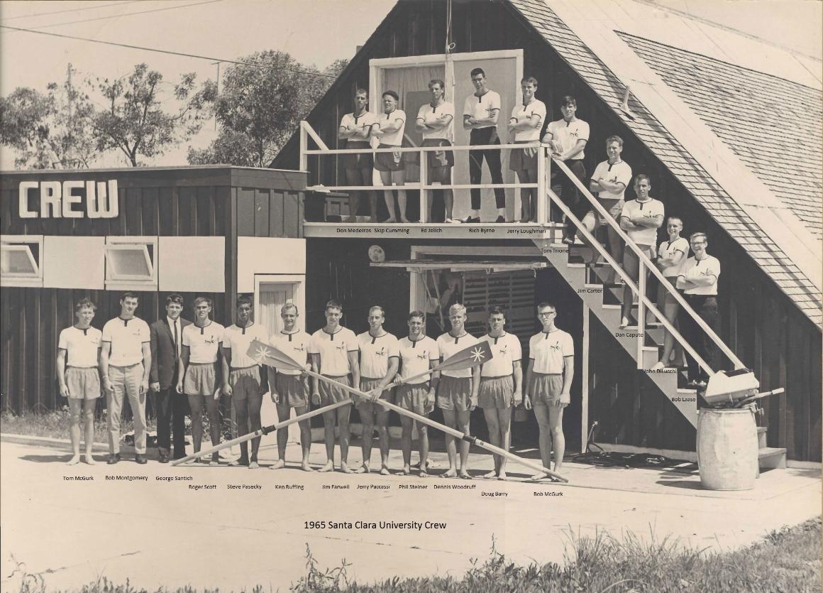 A group of young men in front of a building with a sign reading Crew. The men on the ground level are holding two crossed rowing oars and a row of men behind them are posed on a staircase. Each young man's name is given underneath him.