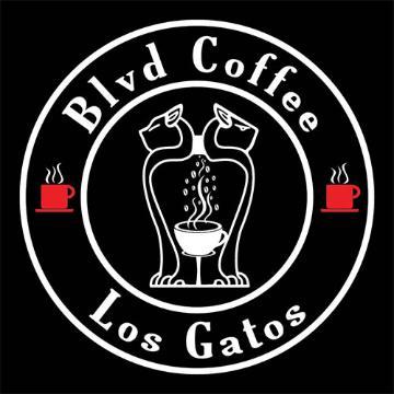 Blvd Coffee Los Gatos logo with coffee cup and red squares.