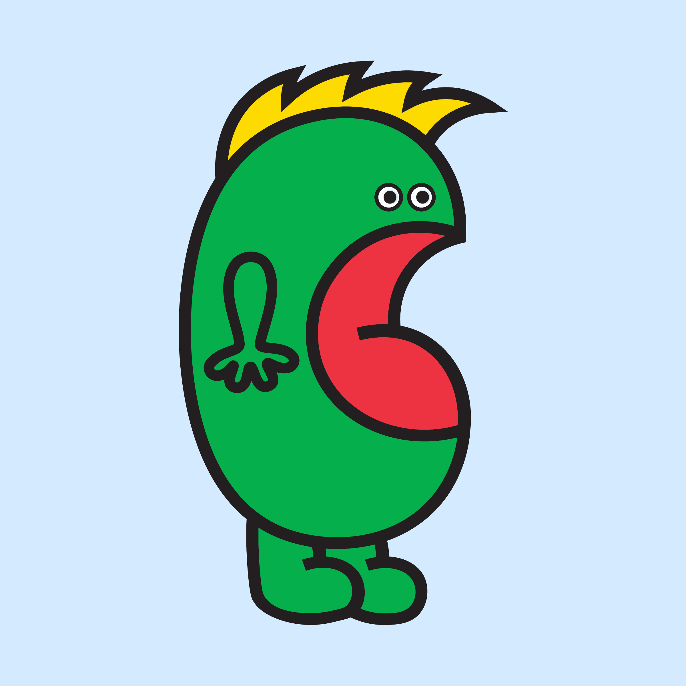 Cartoon green character with yellow hair on a light blue background.