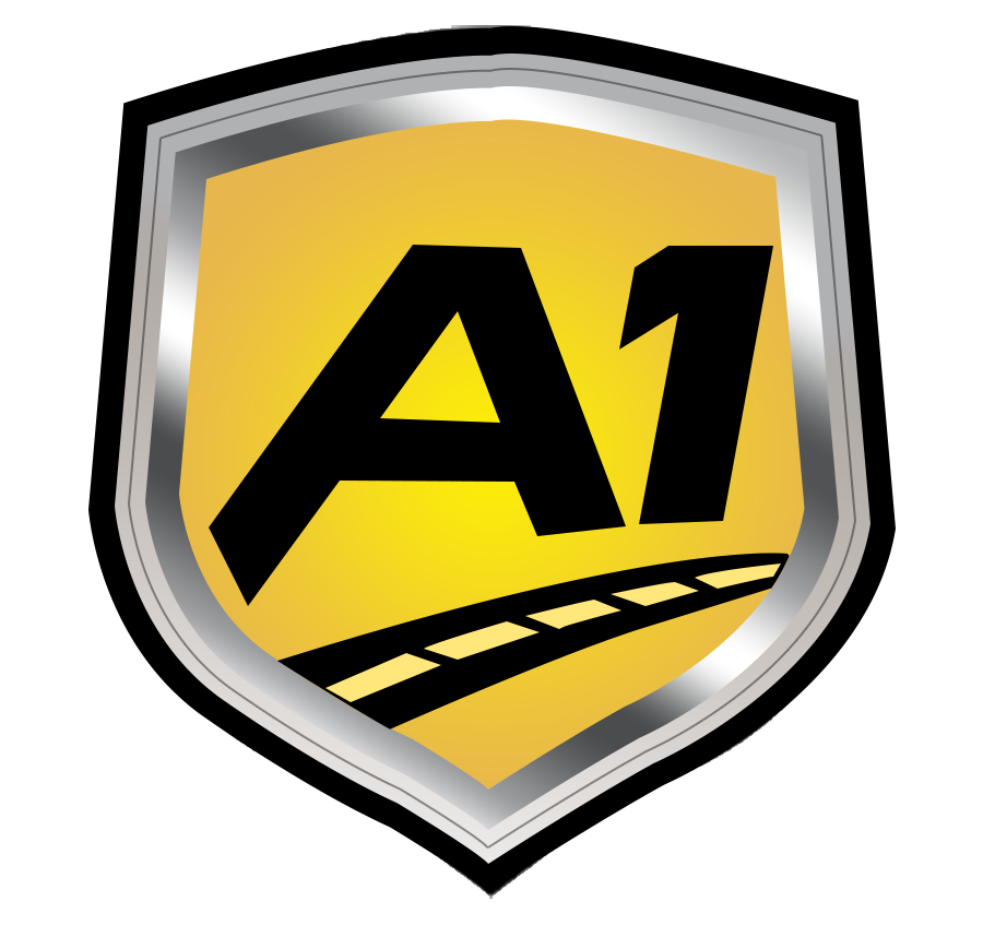 Logo for A1 Autotransport featuring a yellow shield with A1 and a road.
