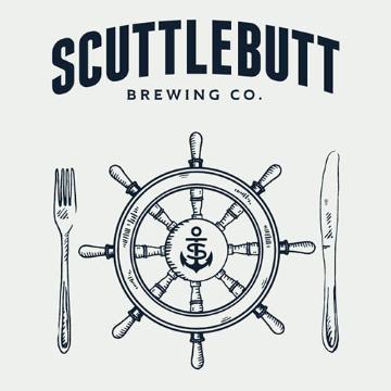 Scuttlebutt Brewing Co. logo with a ship's wheel, fork, and knife.