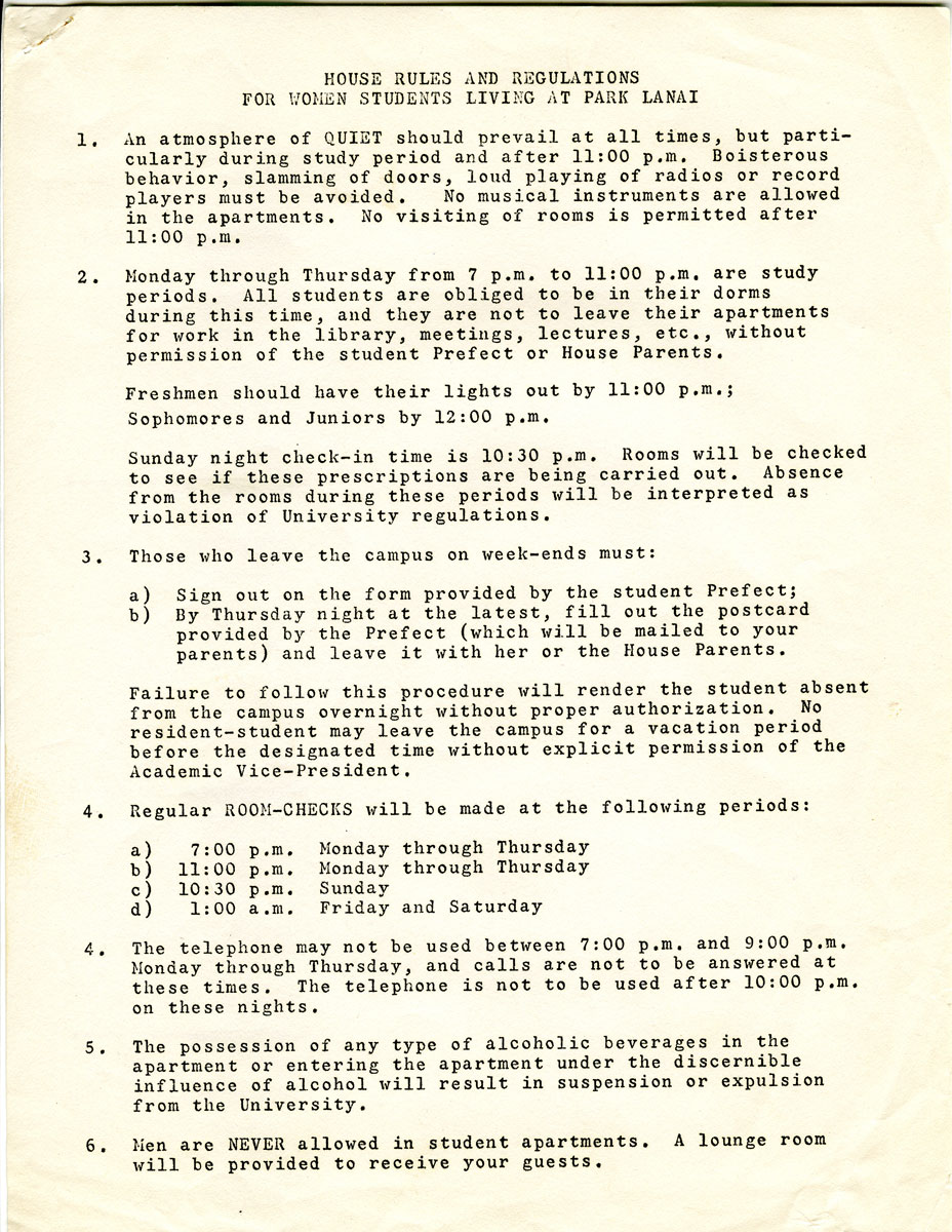 Typed document titled House Rules and Regulations listing various guidelines and policies.