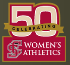 Logo reading '50 Celebrating Women's Athletics' with the letters SC intertwined.