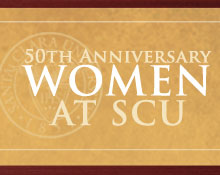 50th Anniversary Women at SCU in bold text on golden background.