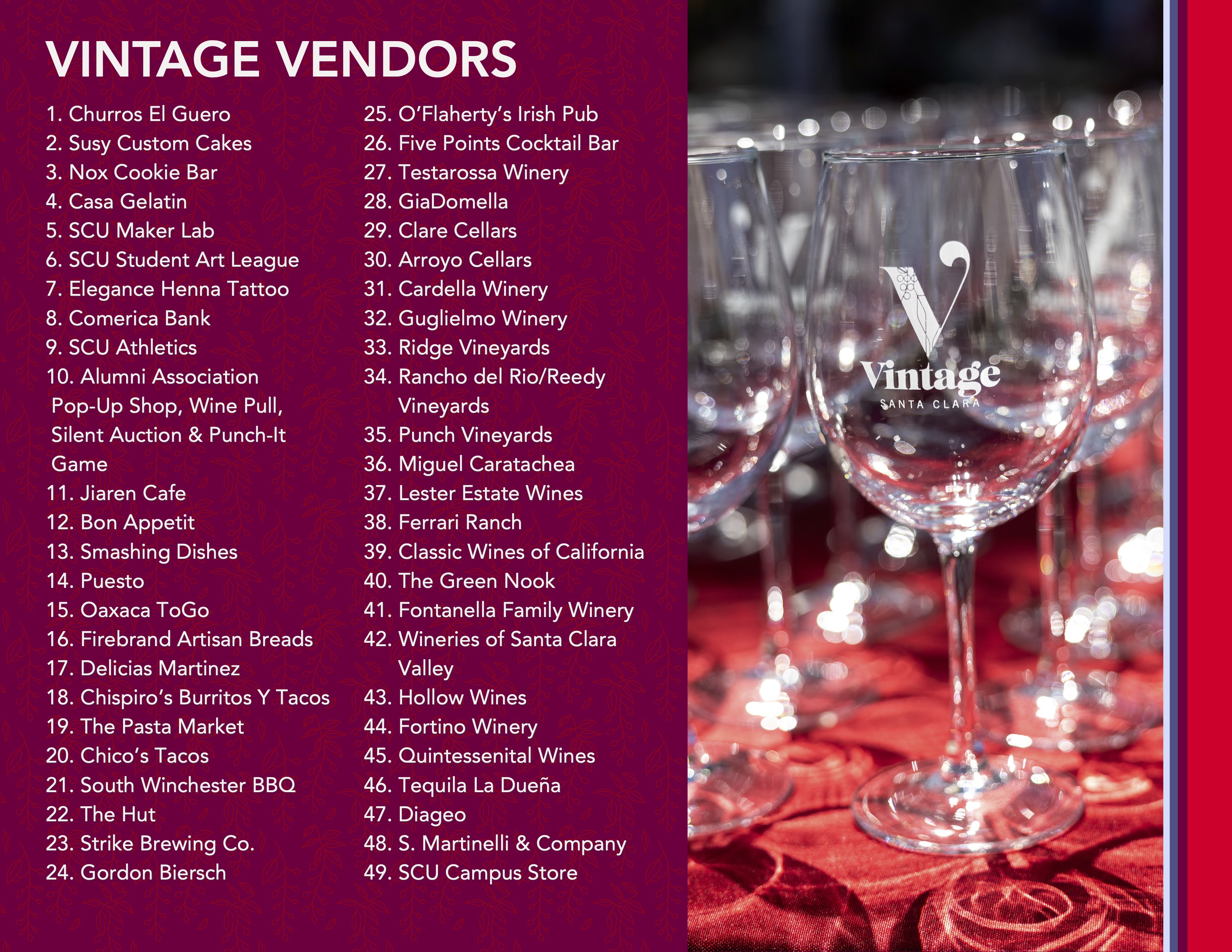 Detailed list of vendors at Vintage Santa Clara. Additional info continues after the image VINTAGE VENDORS 1. Churros El Guero 1. Churros El Guero 2. Susy Custom Cakes 2. Susy Custom Cakes 3. Nox Cookie Bar 3. Nox Cookie Bar 4. Casa Gelatin 4. Casa Gelatin 5. SCU Maker Lab 5. SCU Maker Lab 6. SCU Student Art League 6. SCU Student Art League 7. Elegance Henna Tattoo 7. Elegance Henna Tattoo 8. Comerica Bank 8. Comerica Bank 9. SCU Athletics 9. SCU Athletics 10. Alumni Association 10. Alu