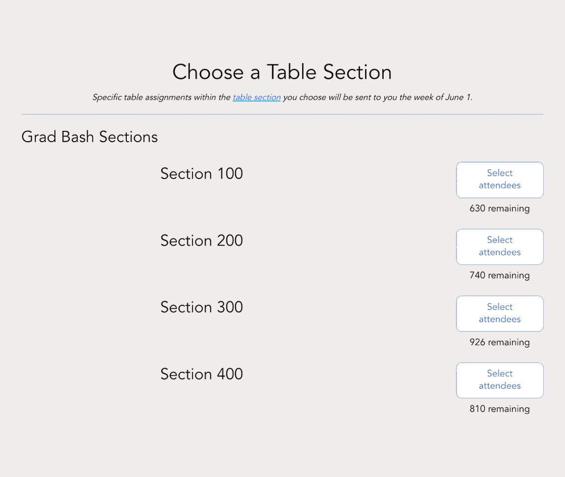 an image of an online form showing the option to select seating sections and how many seats are remaining in each section 