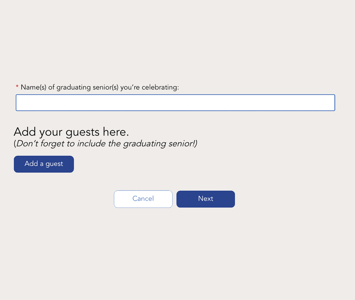 An image showing form fields to fill out, including names of the graduating senior and guests in your party 