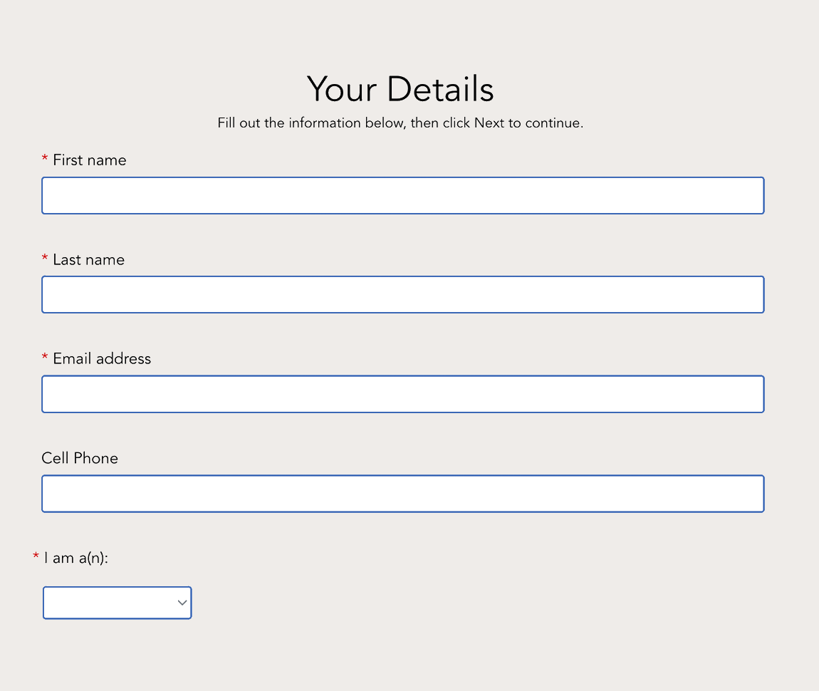 An image showing fields to fill out including first name, last name, email address, and whether you're a senior or not 