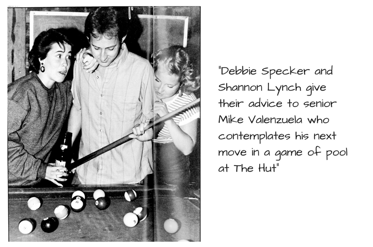 Two people playing pool. Text: 'Fellow IPA’sters’ and Hutters! I give you free advice to enjoy life. Challenge any competitor for pool even in a game of pool at the hut.'