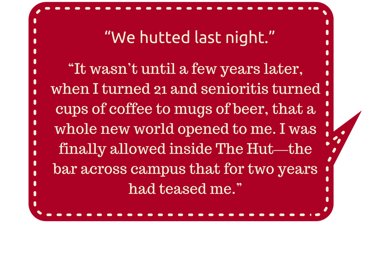 Red speech bubble with white text.