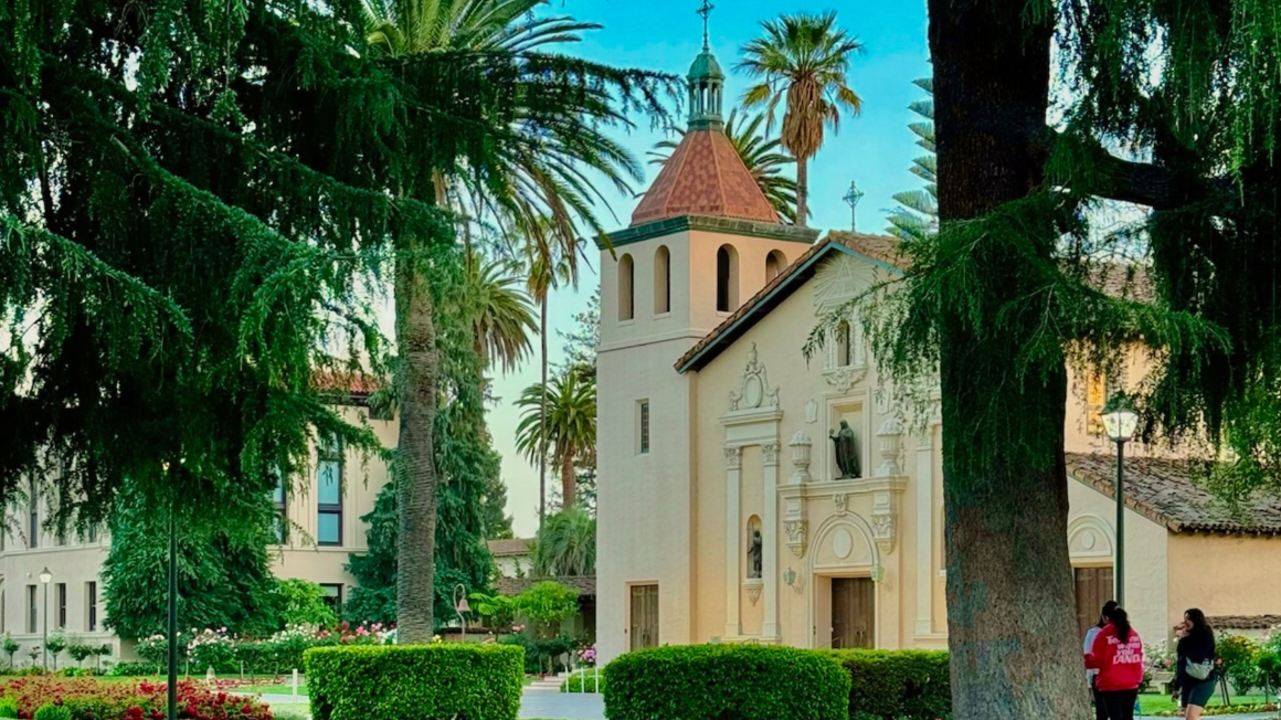 Mission Church - with students walking in front 