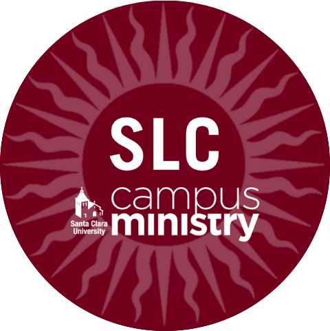 SLC campus ministry text on a maroon circular background with sunburst design.